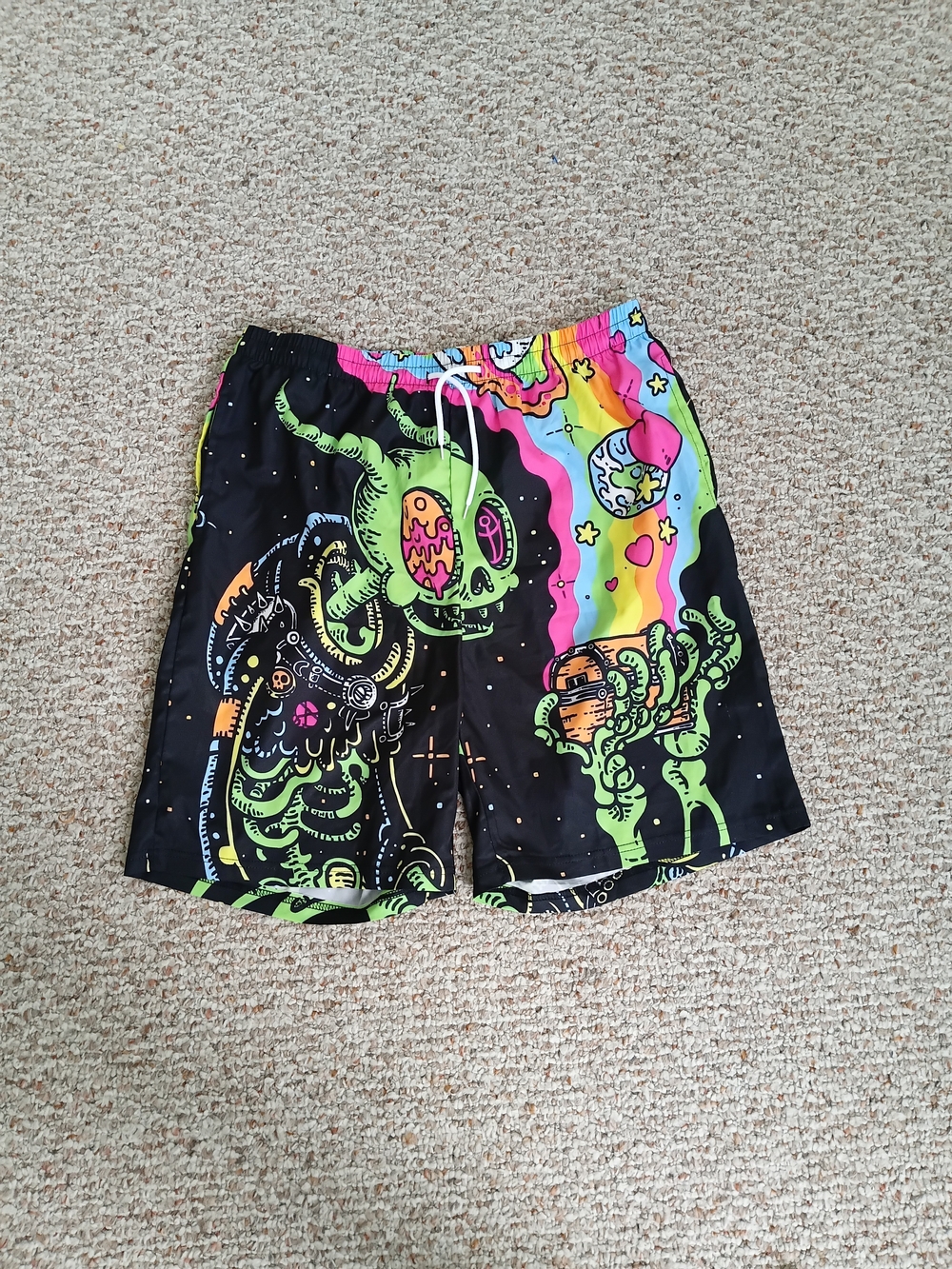 SHEIN Men's Black 3D Summer Alien Rainbow Graphic Swim Shorts Size XL